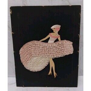 Art Deco Paper Doll Ribbon  Layered Gown Shabby Lace Unframed Wall Picture Vtg